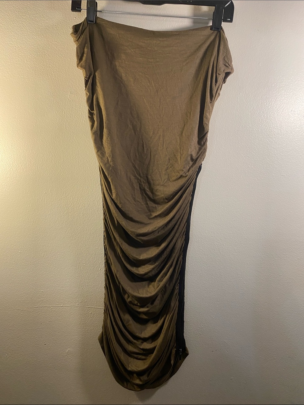 bebe Olive Ruched Strapless Maxi Dress